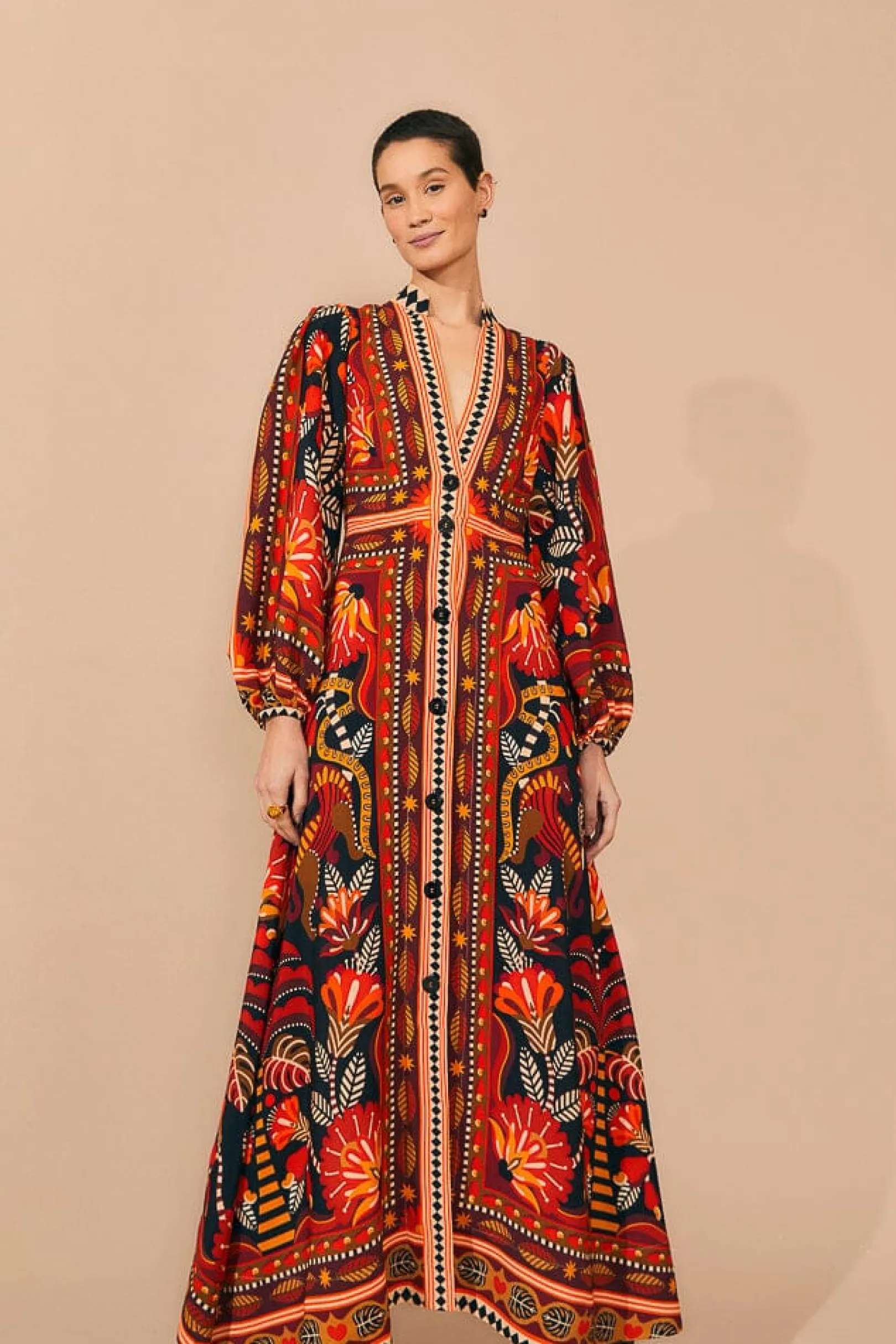 FARM Rio RED NATURE BEAUTY SCARF LONG SLEEVE MAXI DRESS Online