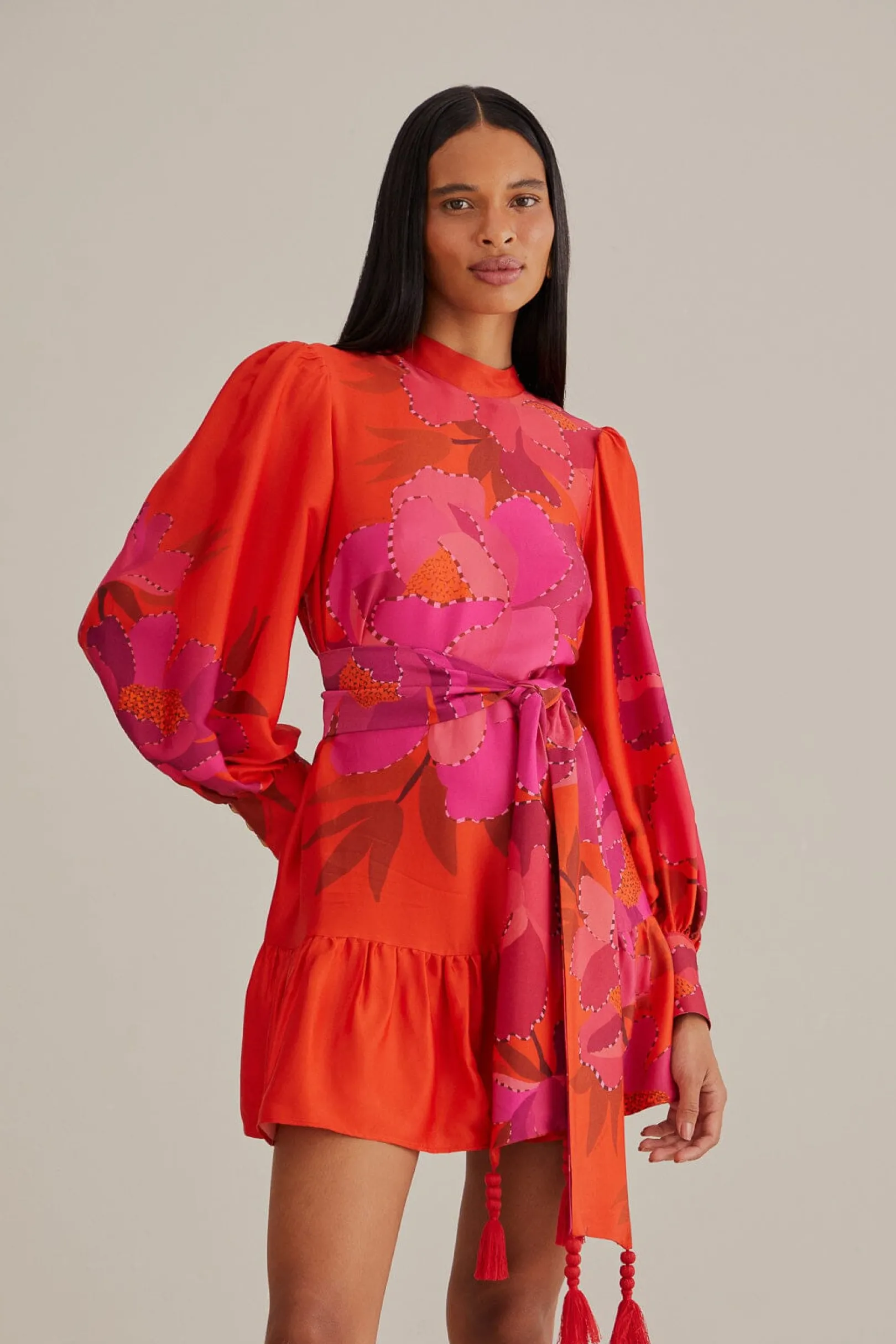 FARM Rio RED PEONY LONG SLEEVE MINI DRESS Cheap