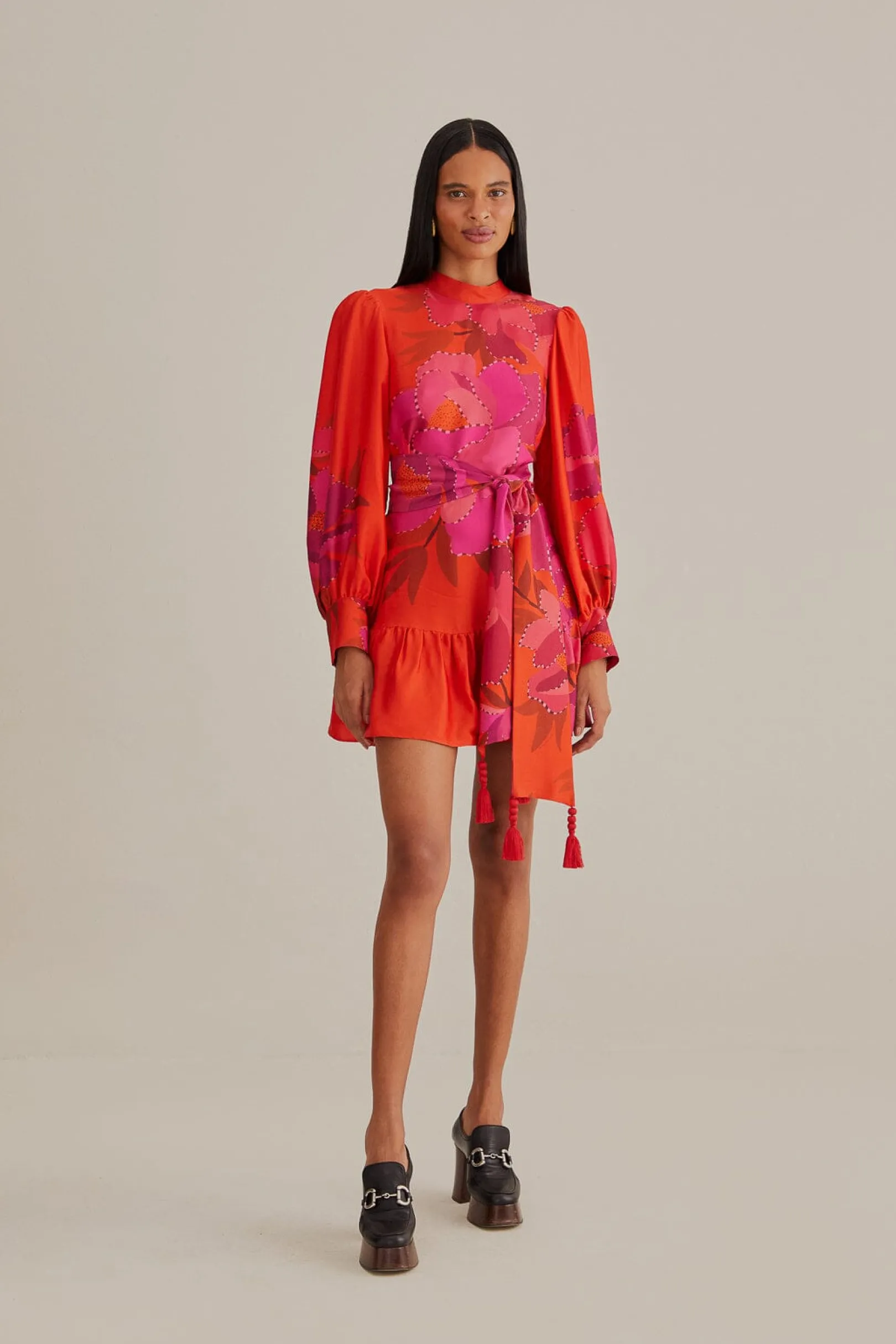 FARM Rio RED PEONY LONG SLEEVE MINI DRESS Cheap