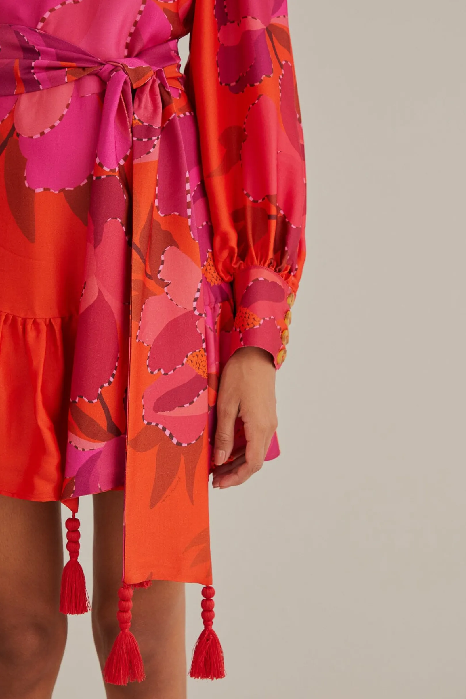 FARM Rio RED PEONY LONG SLEEVE MINI DRESS Cheap
