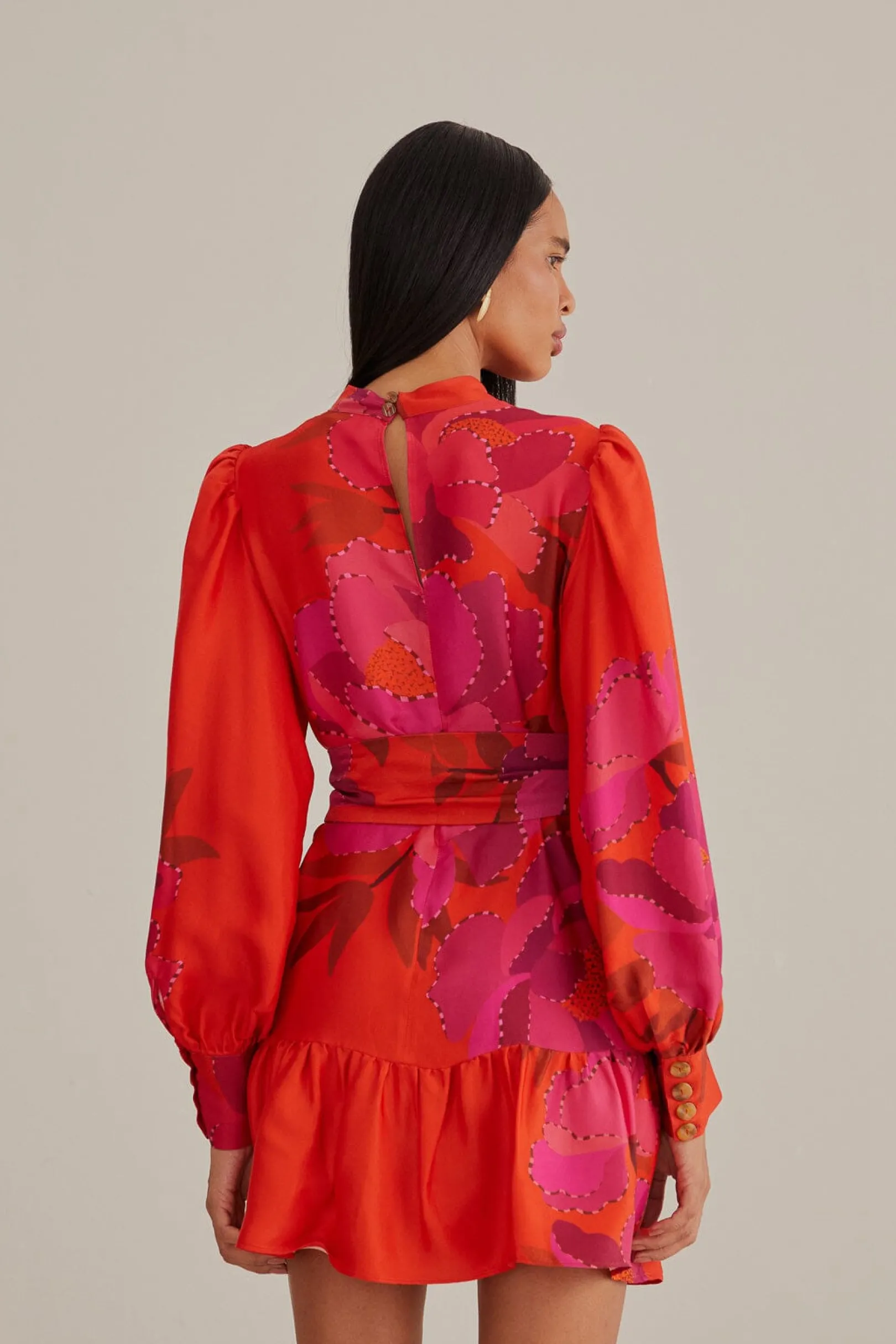 FARM Rio RED PEONY LONG SLEEVE MINI DRESS Cheap