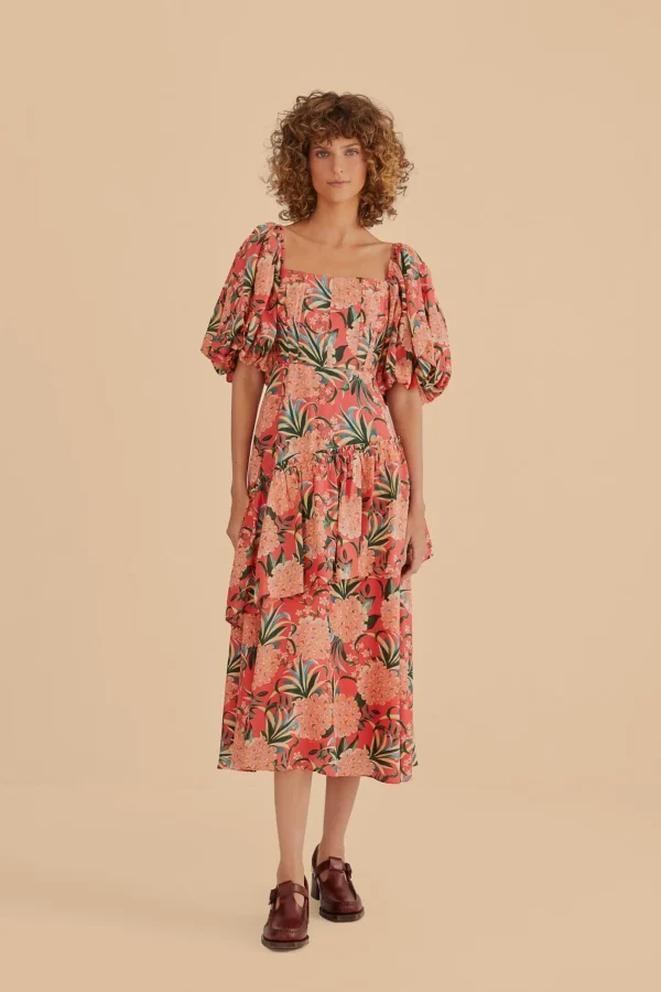 FARM Rio RED PINEAPPLE BLOOM CUT OUT MIDI DRESS Store