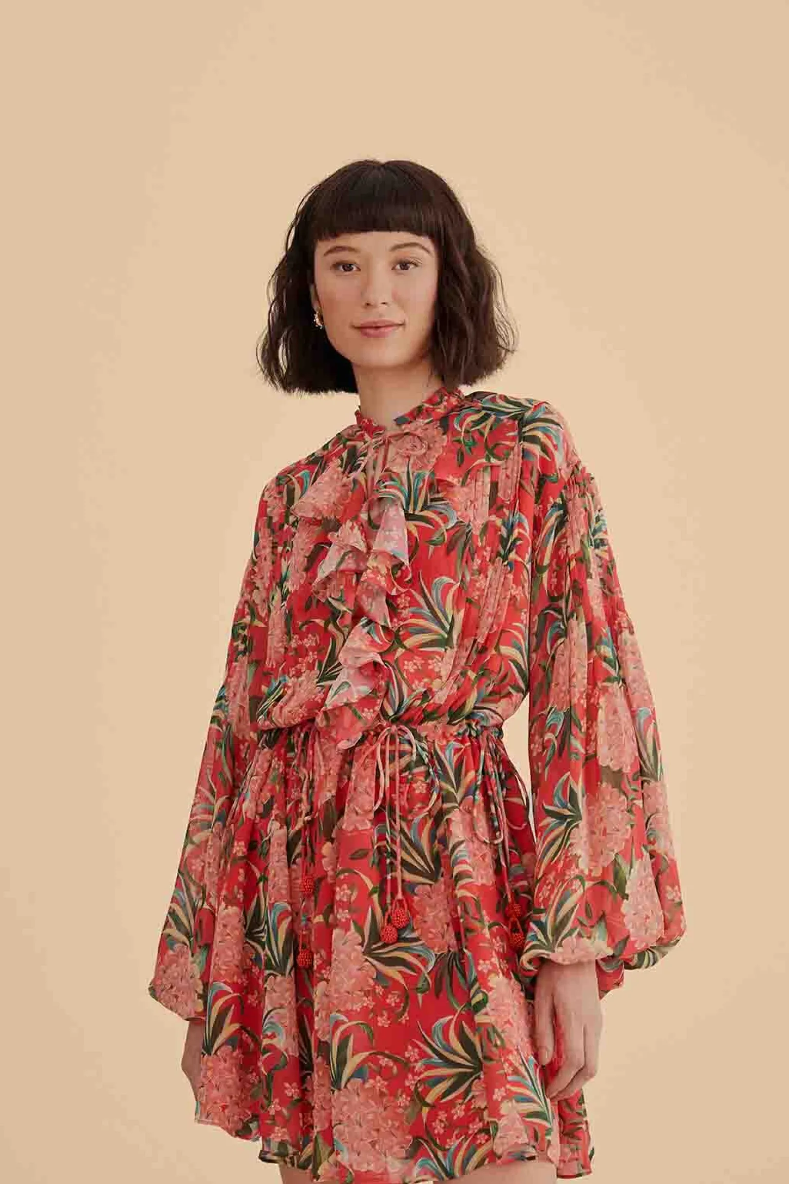 FARM Rio RED PINEAPPLE BLOOM V NECK MINI DRESS Clearance