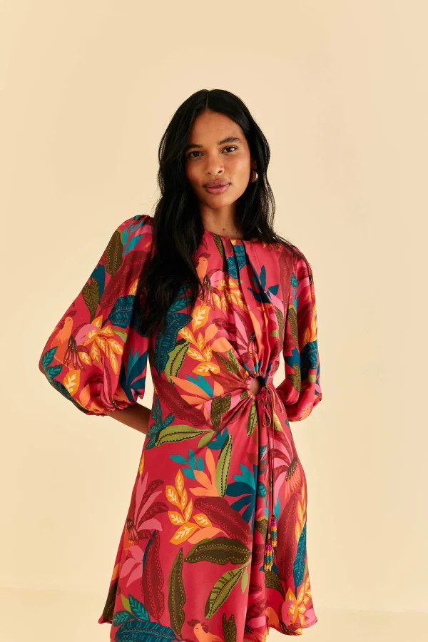 FARM Rio RED ROOSTER LEAVES LONG SLEEVE MINI DRESS New