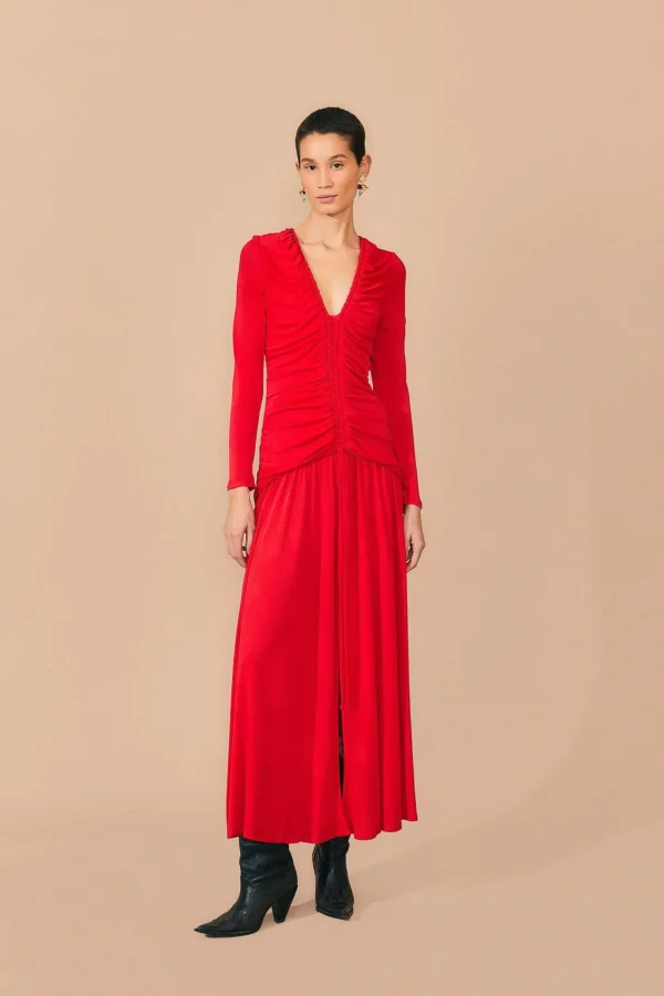 FARM Rio RED V NECKLINE LONG SLEEVE MIDI DRESS Cheap