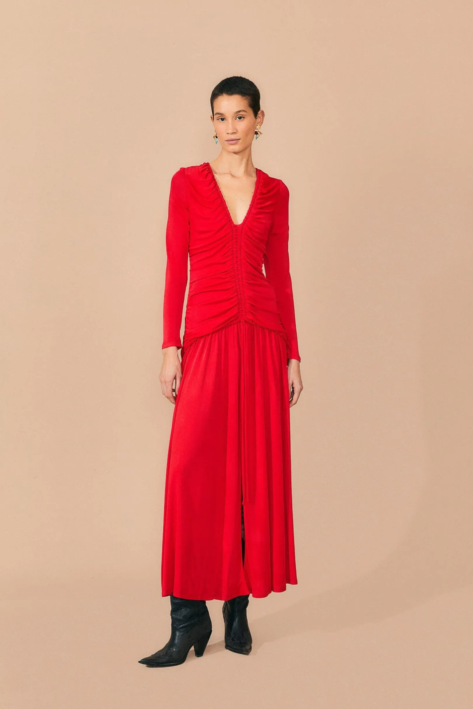 FARM Rio RED V NECKLINE LONG SLEEVE MIDI DRESS Cheap