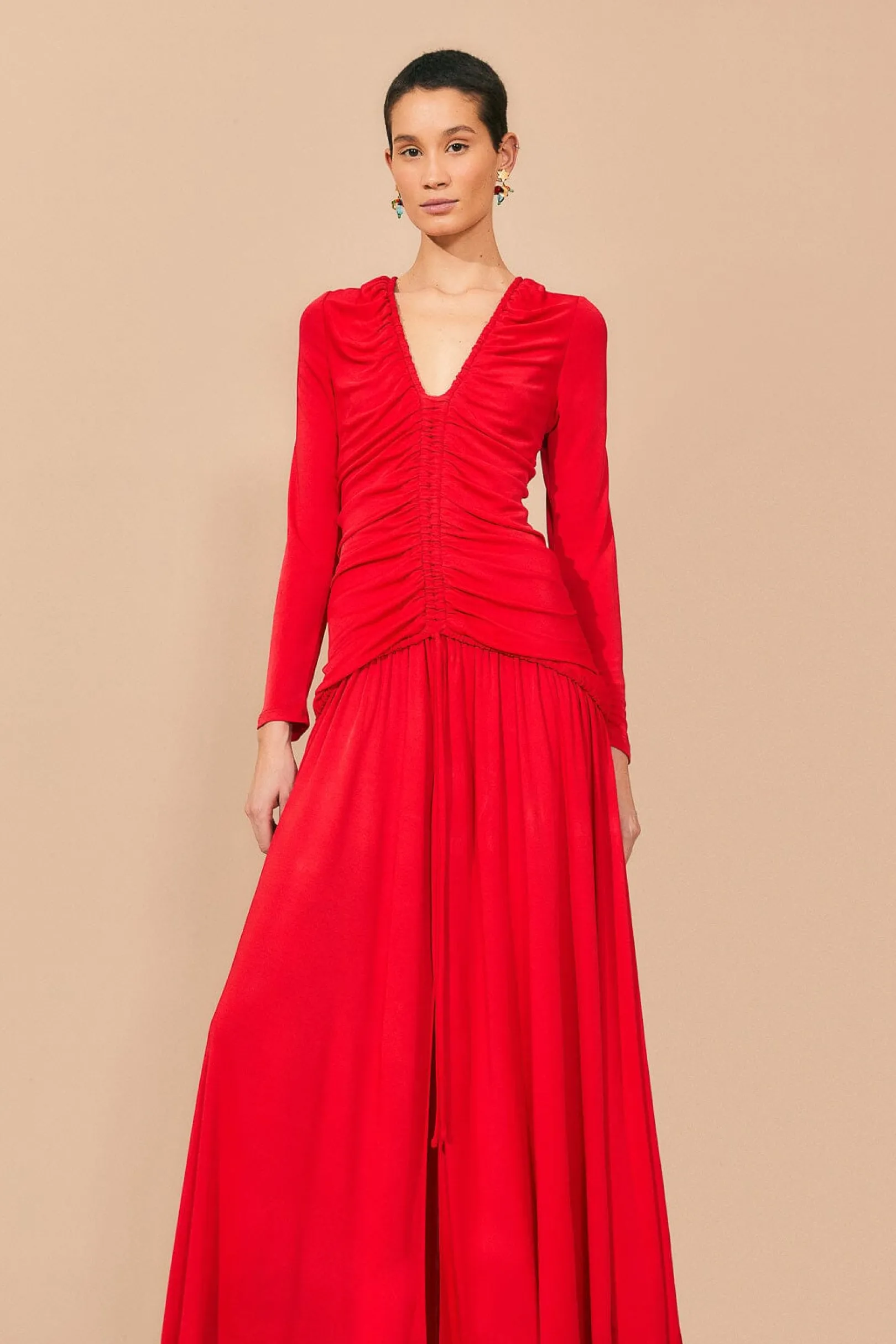 FARM Rio RED V NECKLINE LONG SLEEVE MIDI DRESS Cheap