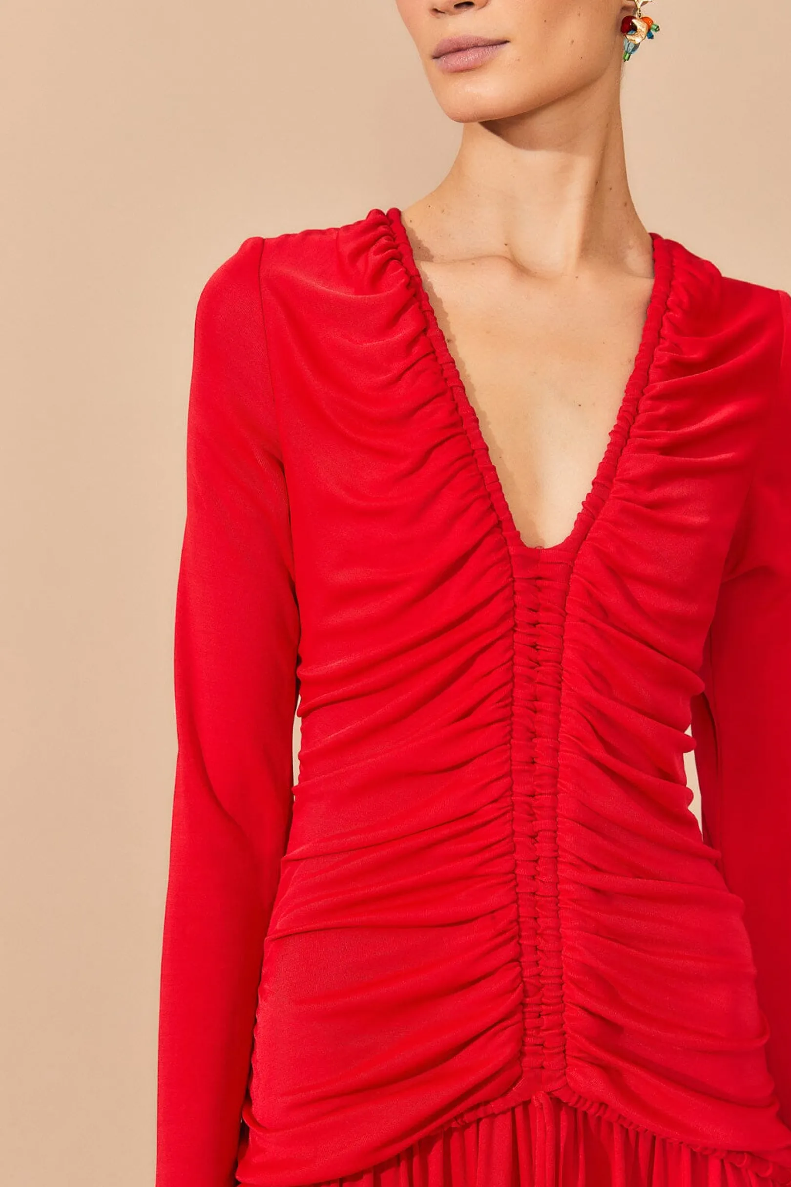 FARM Rio RED V NECKLINE LONG SLEEVE MIDI DRESS Cheap