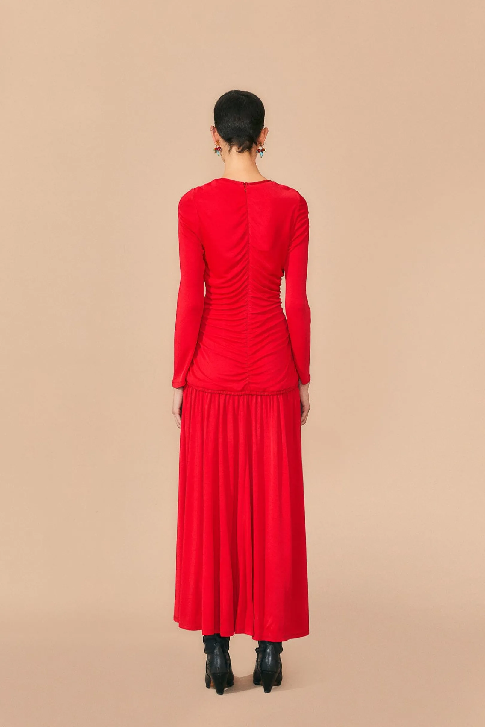 FARM Rio RED V NECKLINE LONG SLEEVE MIDI DRESS Cheap