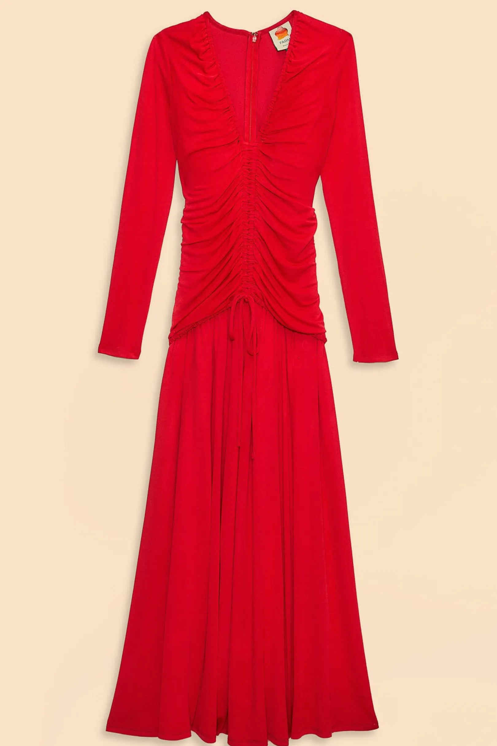 FARM Rio RED V NECKLINE LONG SLEEVE MIDI DRESS Cheap