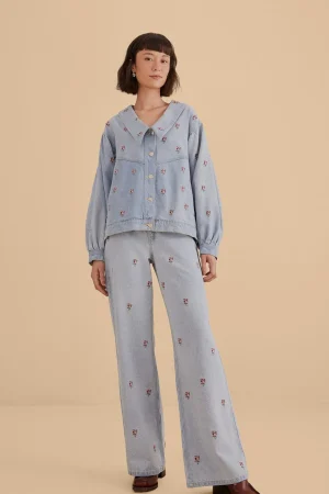 FARM Rio ROSE EMBROIDERED DENIM PANTS New