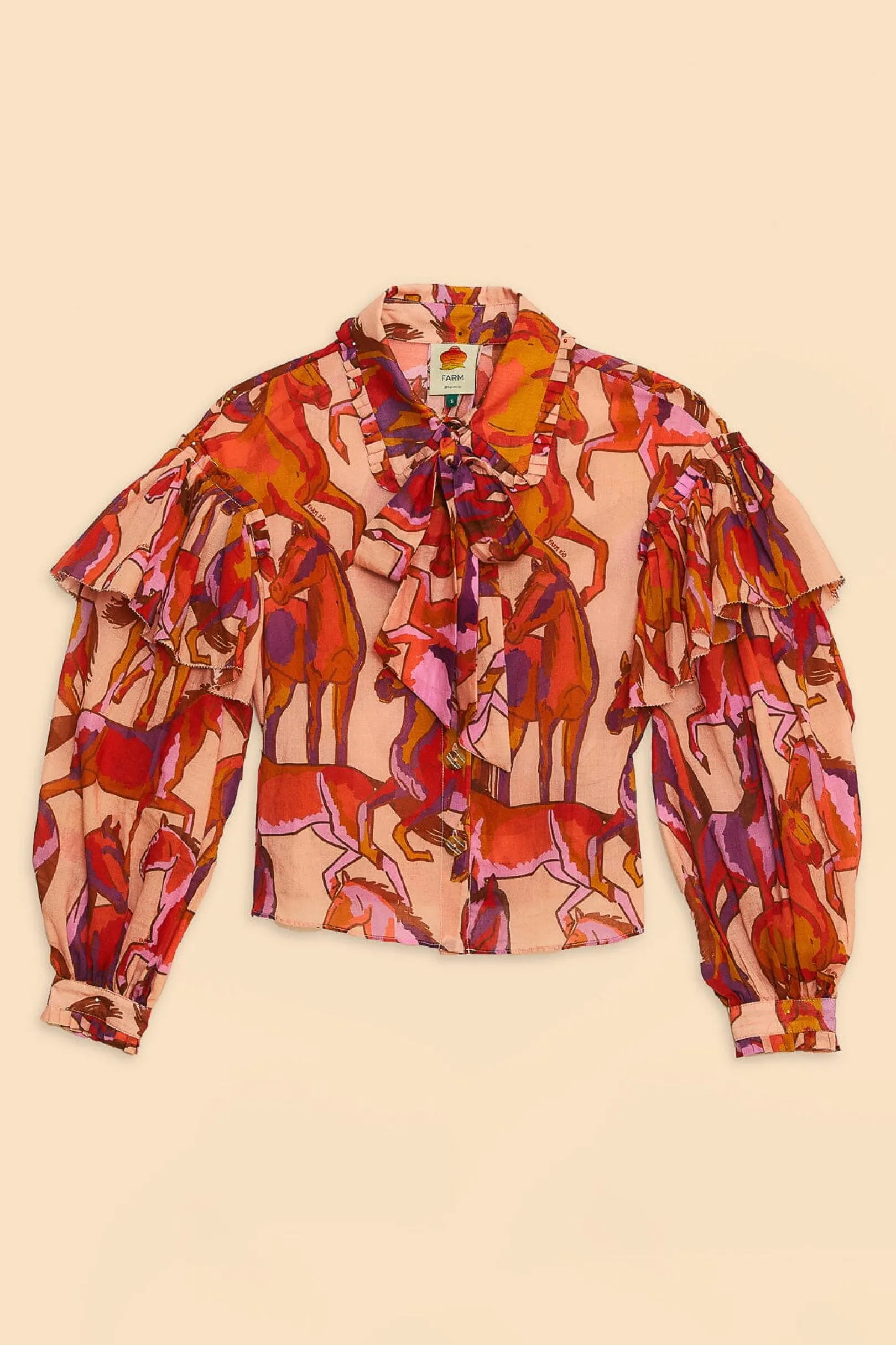 FARM Rio ROSE WILD HORSES BOW NECK TIE BLOUSE Flash Sale