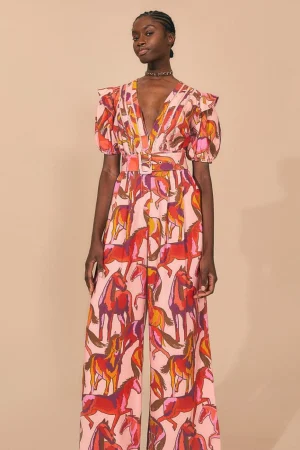 FARM Rio ROSE WILD HORSES PLEATED SHORT SLEEVE JUMPSUIT Flash Sale