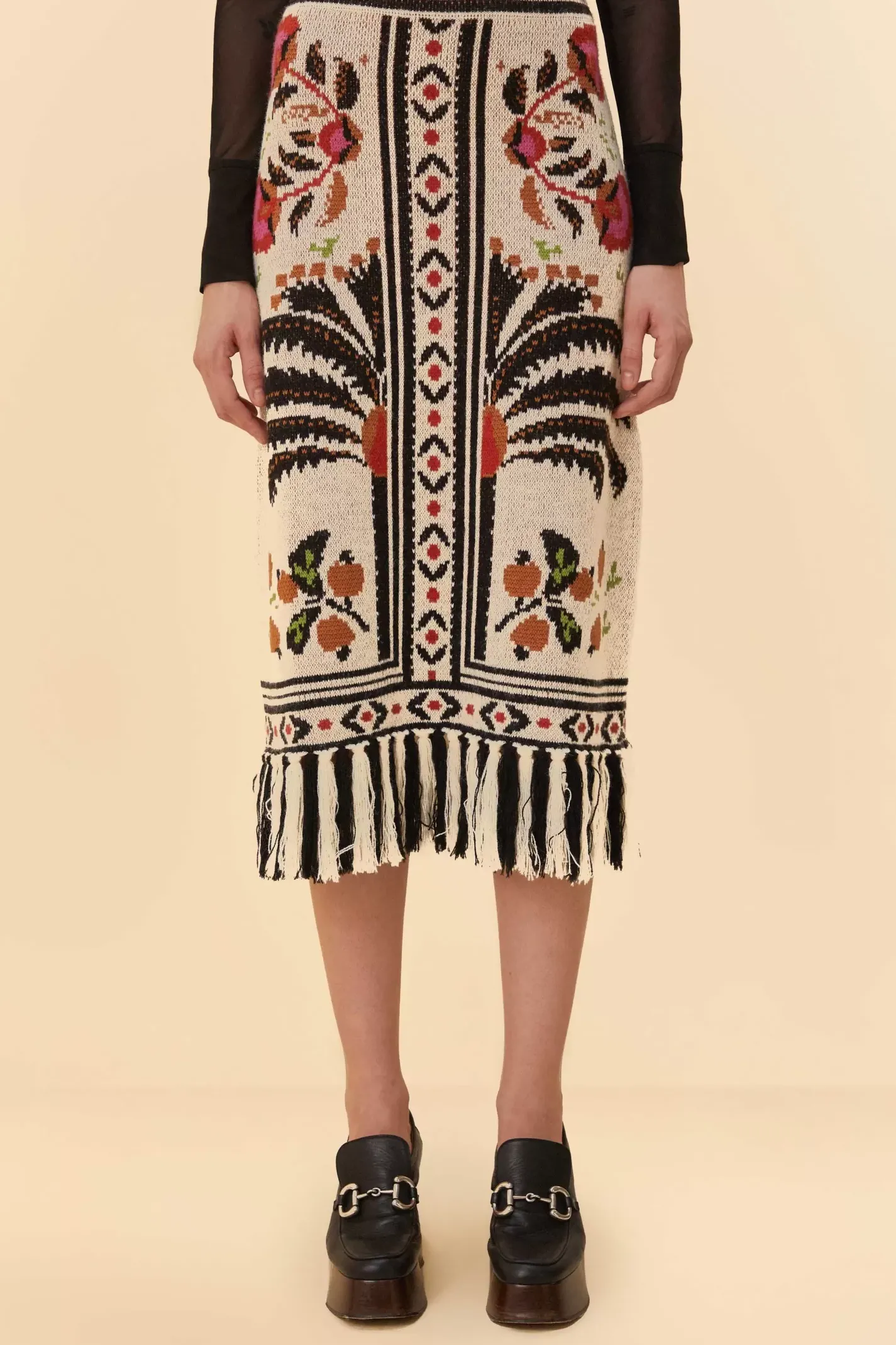 FARM Rio SAND PALMS PARADISE KNIT FRINGE MIDI SKIRT Sale