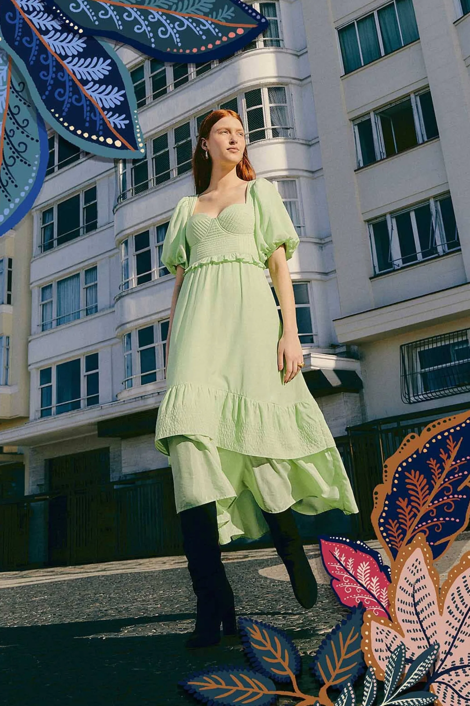 FARM Rio SOFT GREEN SHORT SLEEVE MIDI DRESS Clearance