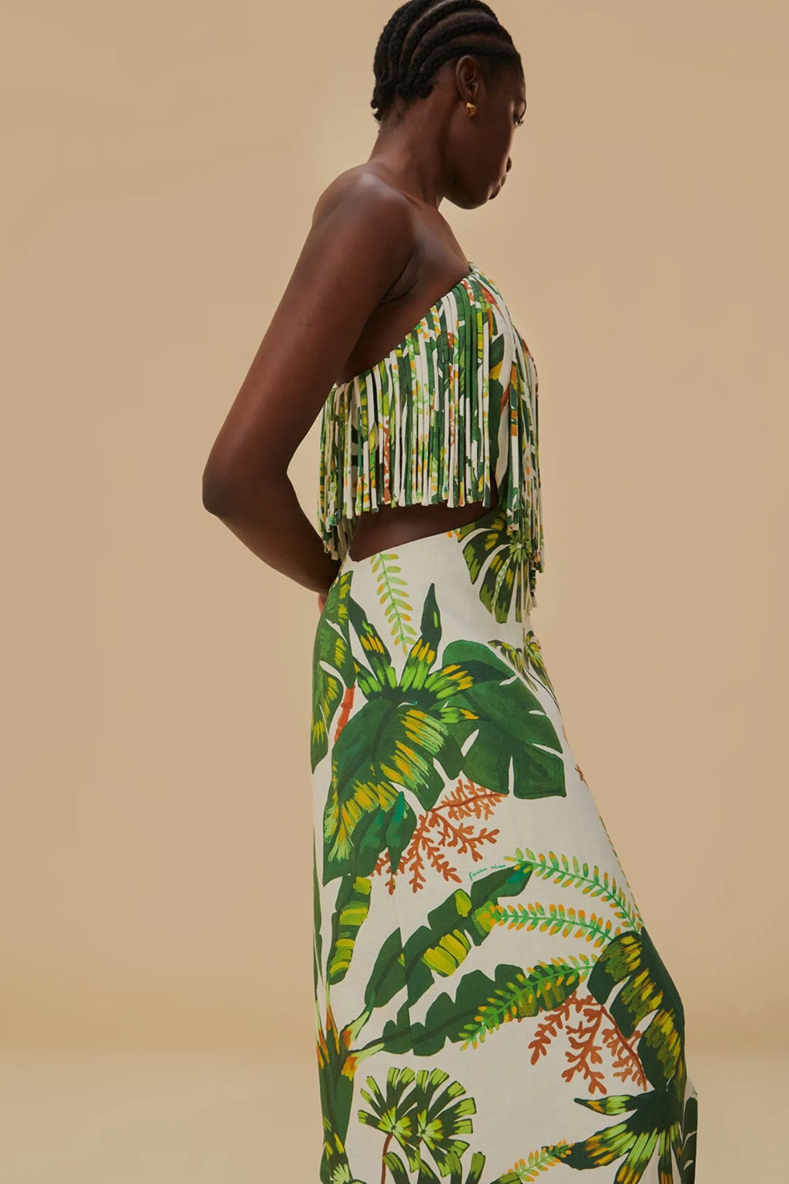 FARM Rio TROPICAL FOREST OFF-WHITE FRINGED MIDI DRESS Outlet