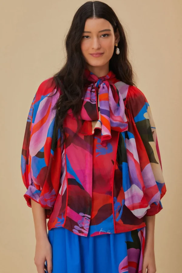FARM Rio WATERCOLOR FLORAL BLUE LONG SLEEVE BLOUSE Clearance