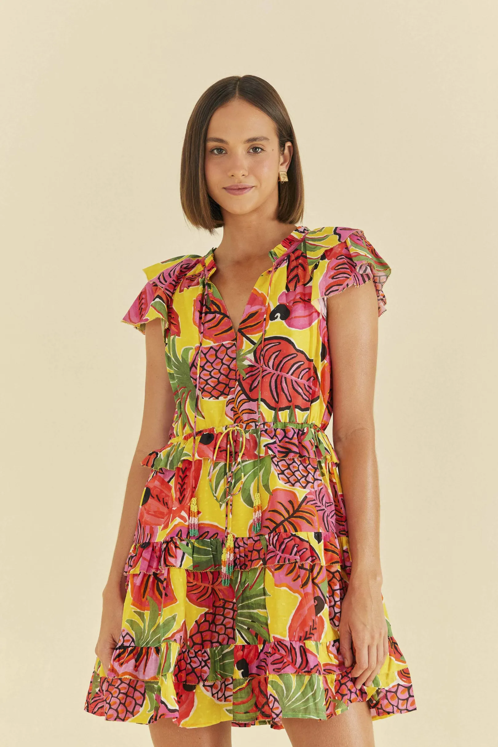 FARM Rio YELLOW FRUIT DREAM RUFFLE MINI DRESS Store