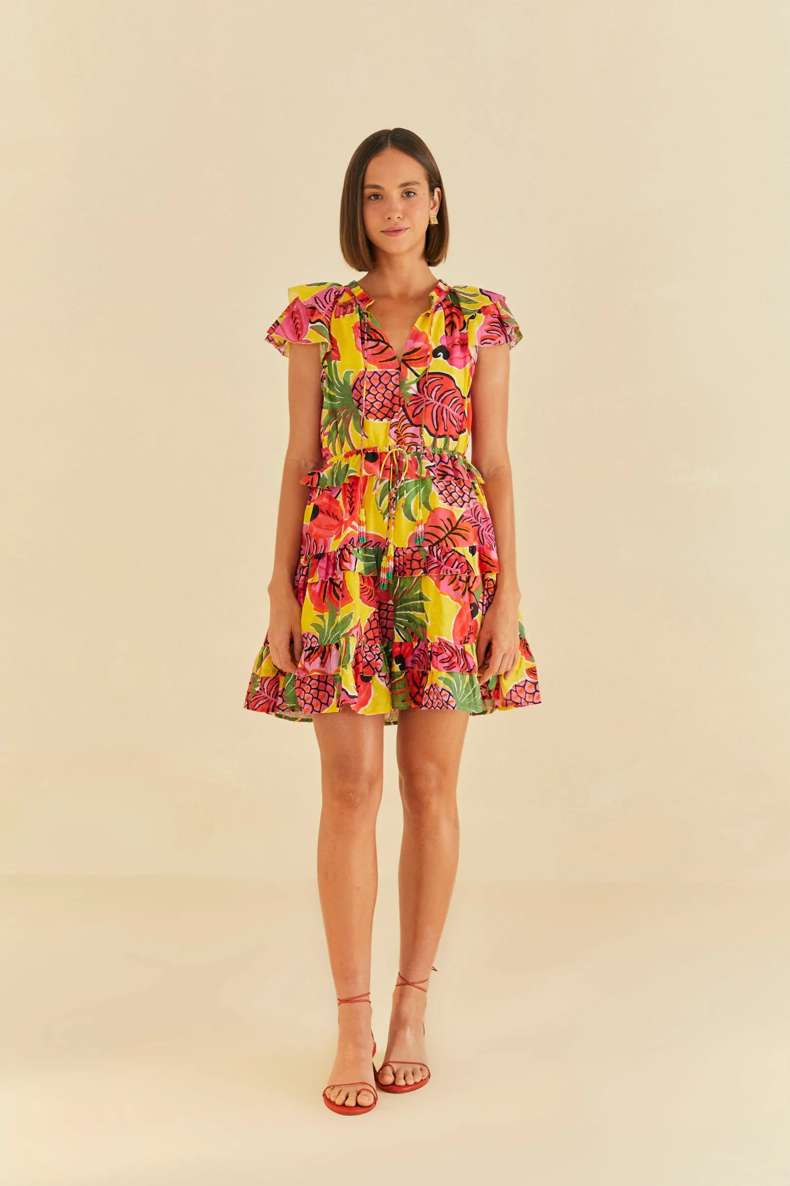 FARM Rio YELLOW FRUIT DREAM RUFFLE MINI DRESS Store