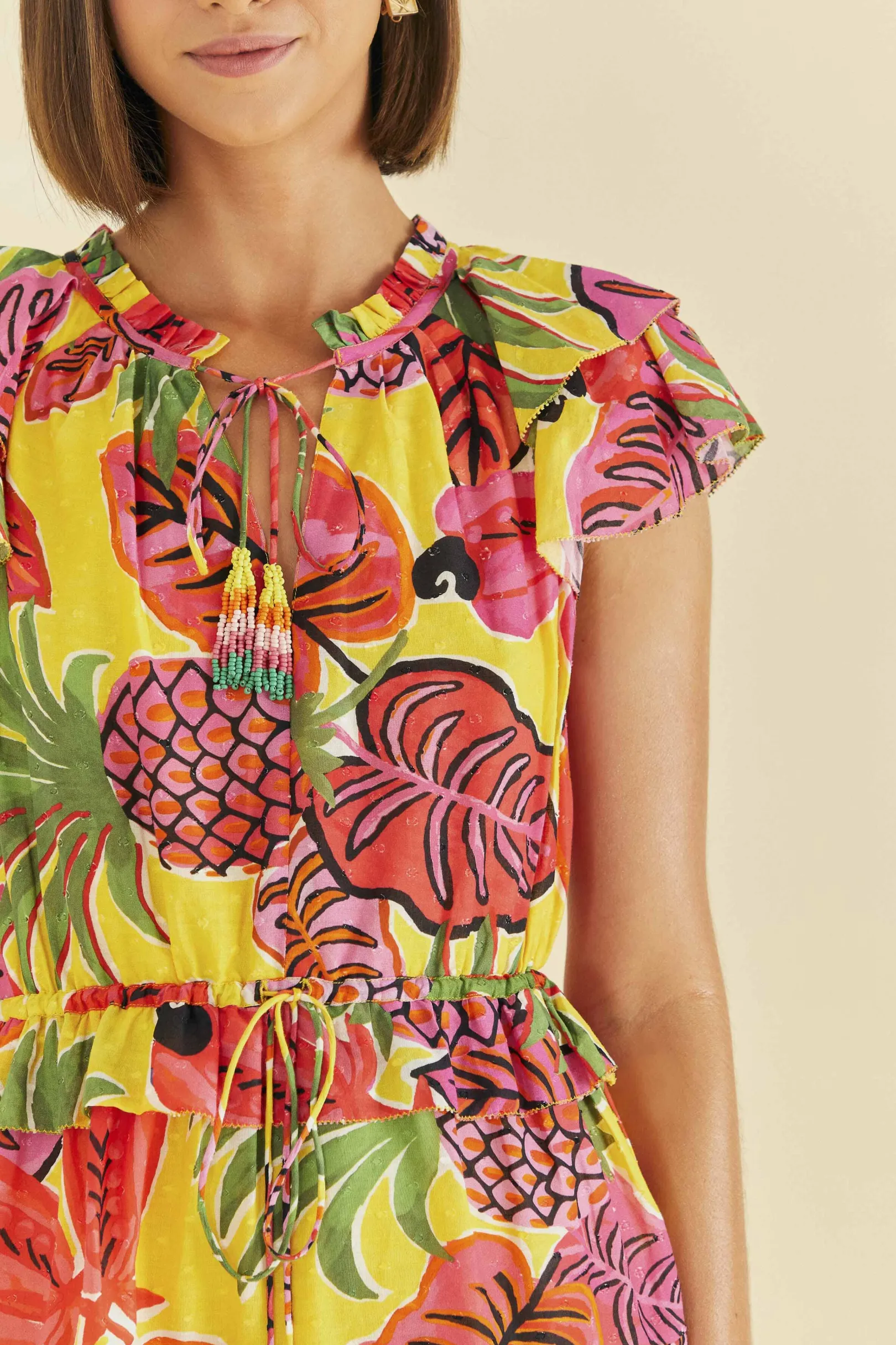 FARM Rio YELLOW FRUIT DREAM RUFFLE MINI DRESS Store