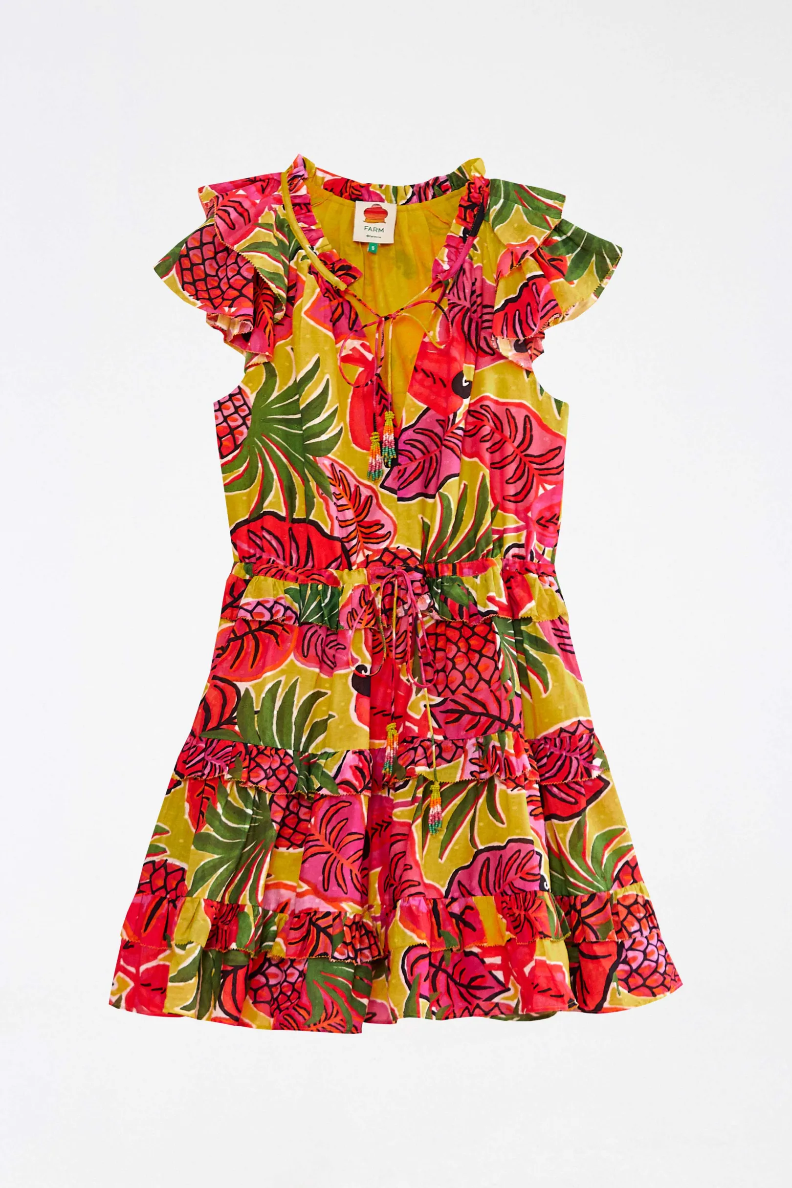 FARM Rio YELLOW FRUIT DREAM RUFFLE MINI DRESS Store