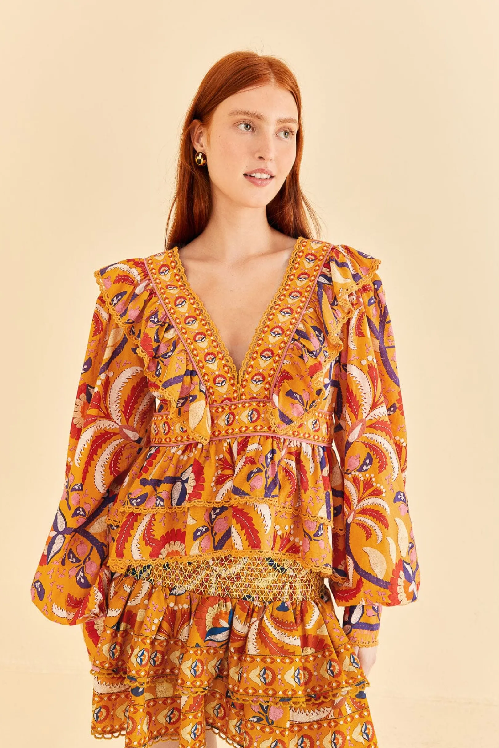 FARM Rio YELLOW PALMS PARTY RUFFLE BLOUSE Clearance