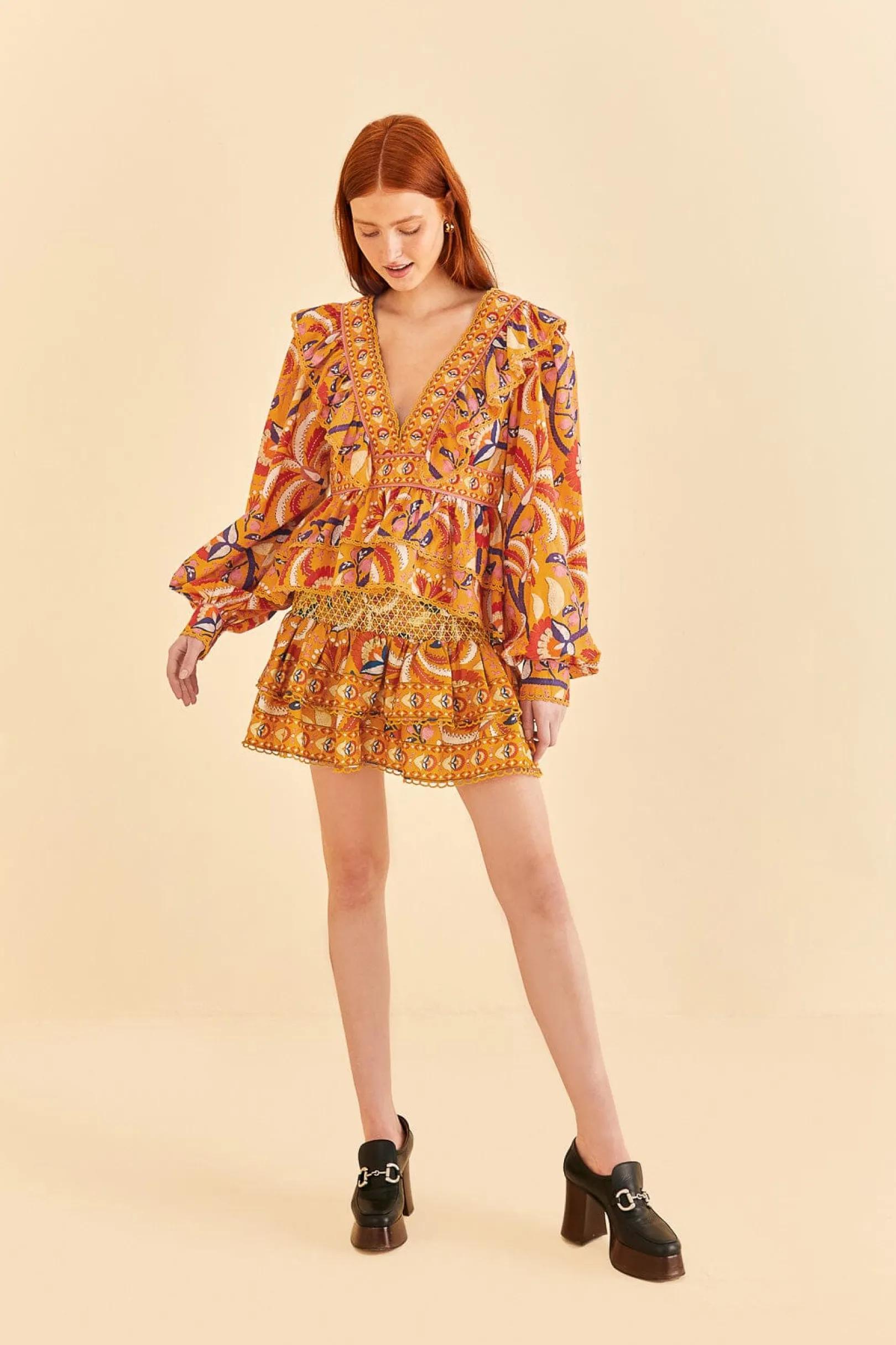 FARM Rio YELLOW PALMS PARTY RUFFLE BLOUSE Clearance