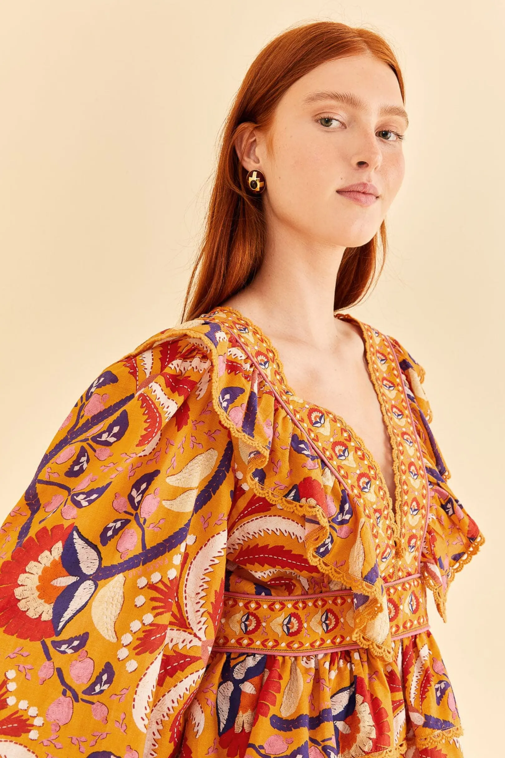 FARM Rio YELLOW PALMS PARTY RUFFLE BLOUSE Clearance