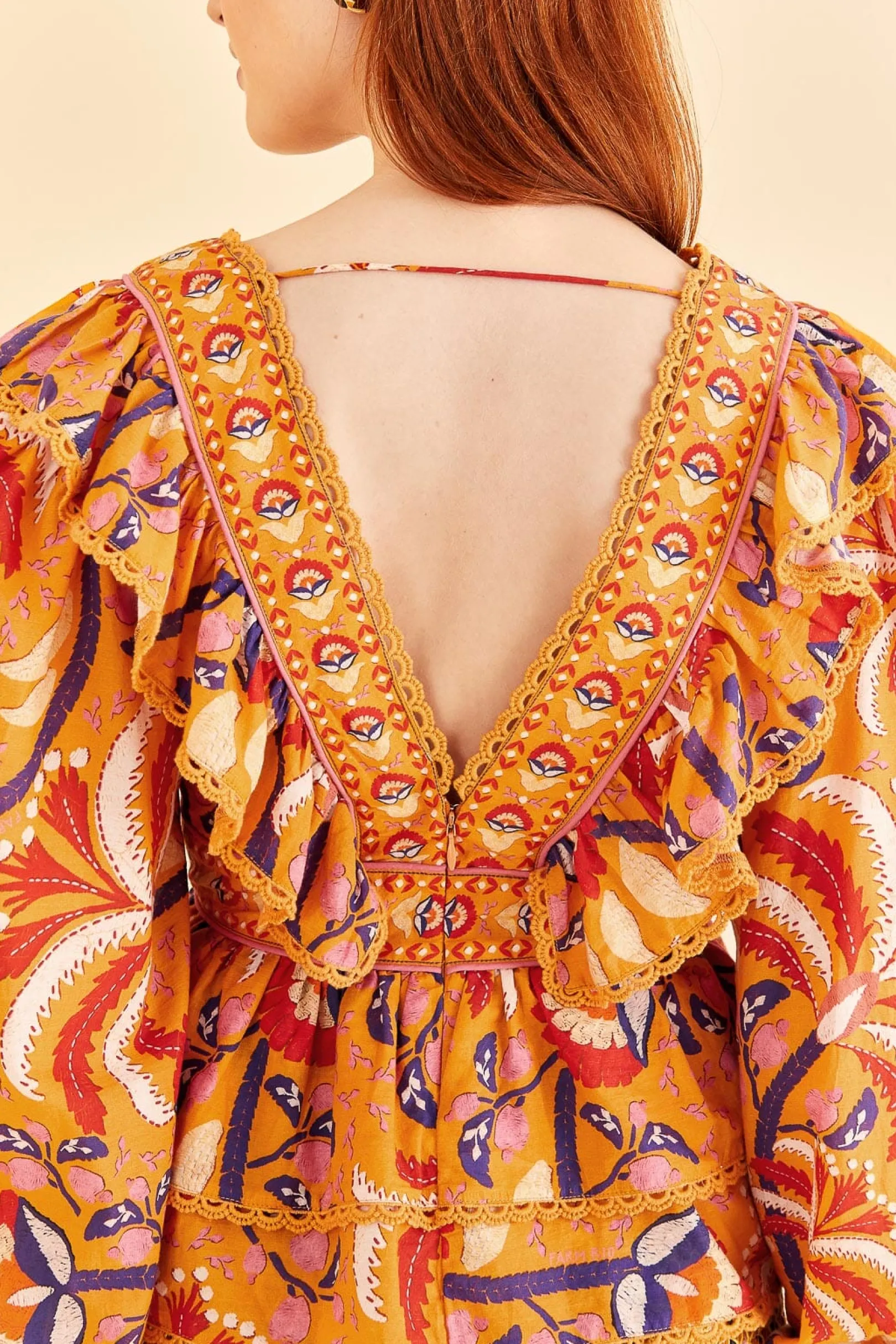 FARM Rio YELLOW PALMS PARTY RUFFLE BLOUSE Clearance