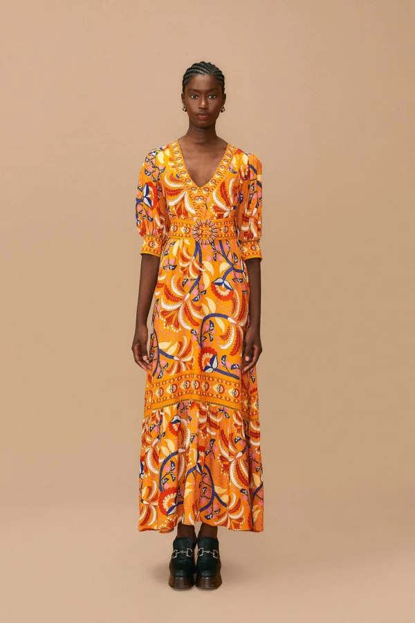 FARM Rio YELLOW PALMS PARTY SHORT SLEEVE MAXI DRESS New